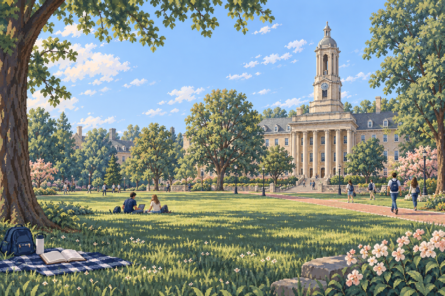 Students studying and walking on the lawn at Penn State's Old Main