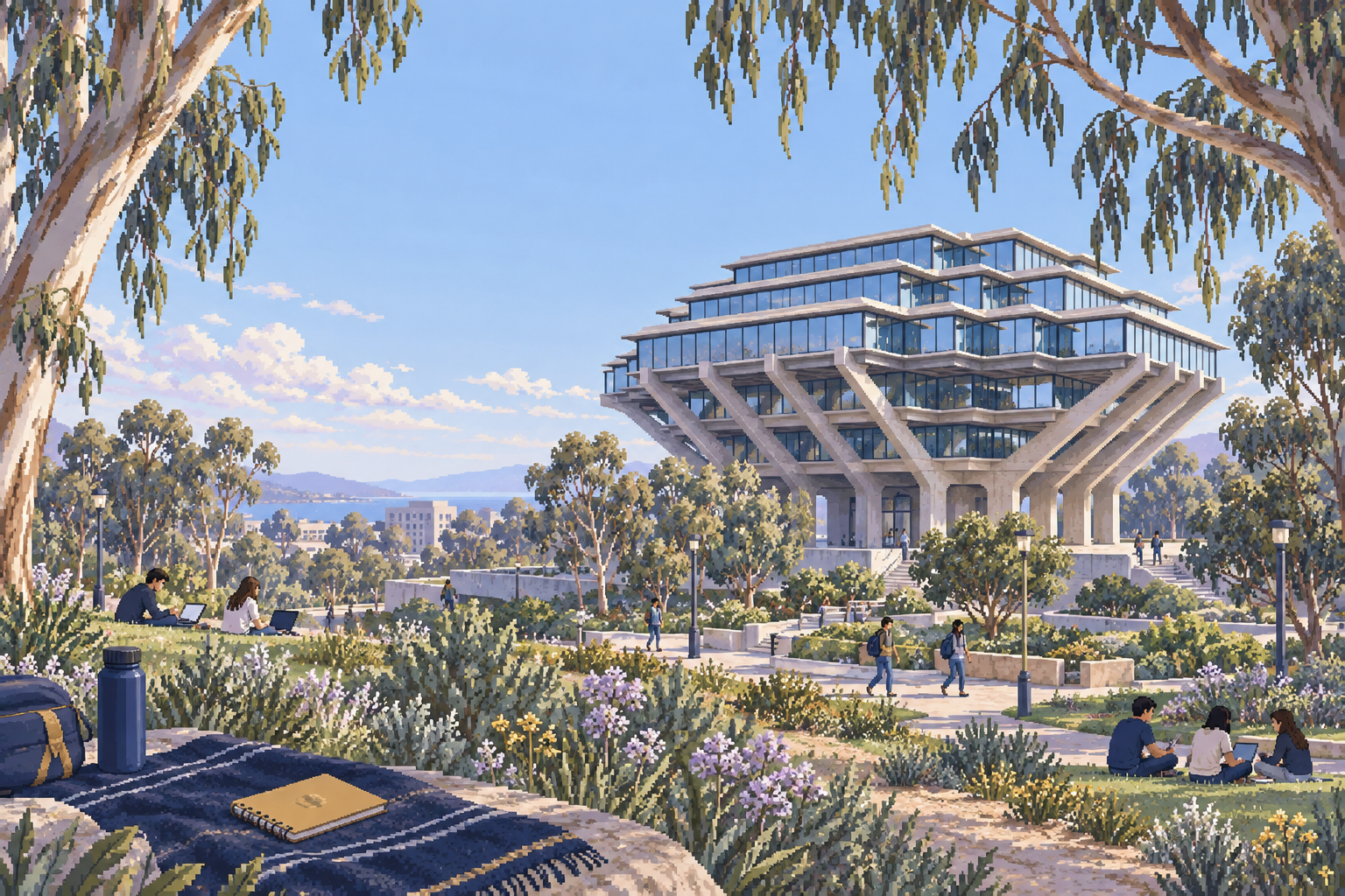Students gathering around UC San Diego's Geisel Library
